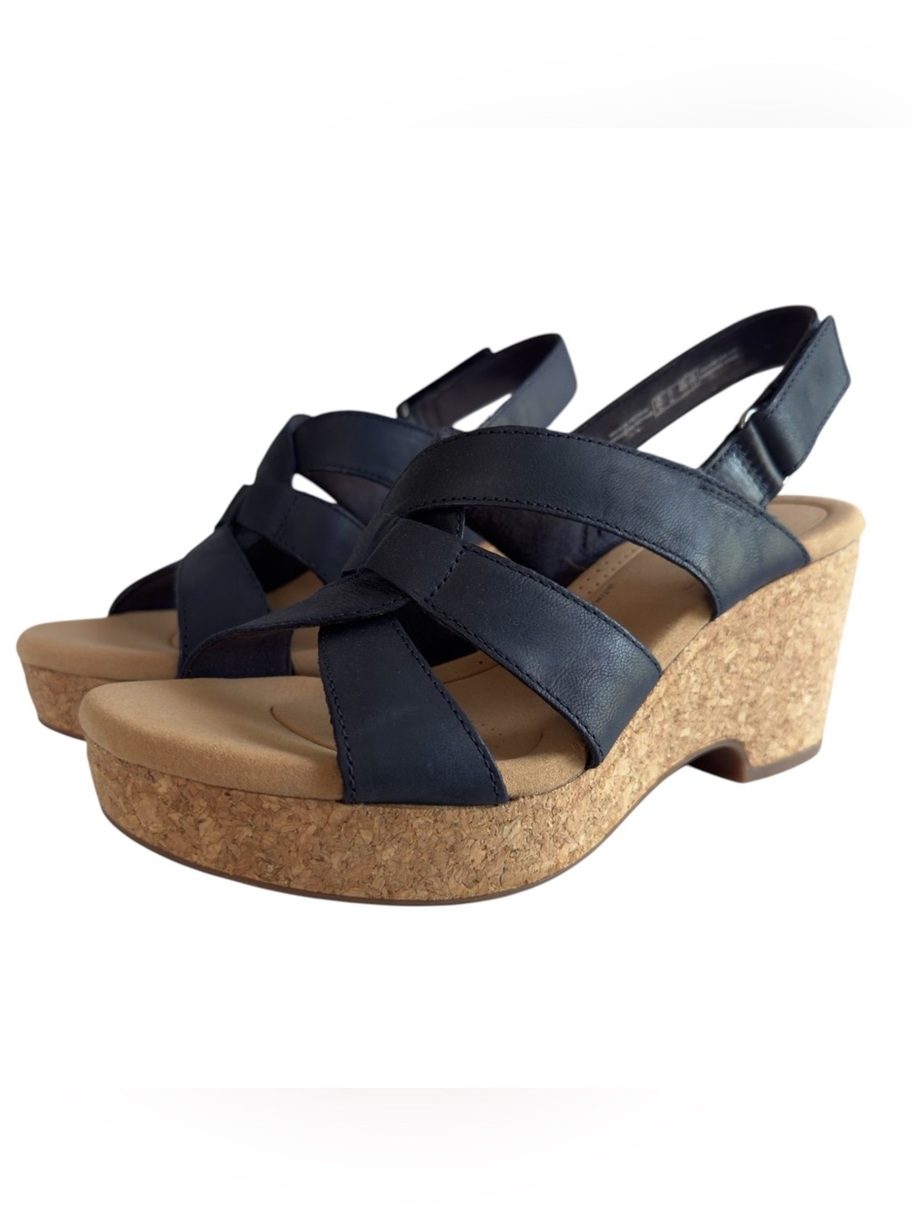 Clarks Navy Cork Platform Wedge Sandals